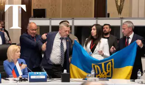 Ukraine Russia Delegates Fight Flag Video